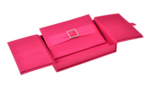 Embellished Gate fold Silk Wedding invitation box 5.5x7.5x1 inch in Hot pink
