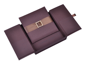 Embellished Gate fold Silk Wedding invitation box 7x7x1 inch in Chocolate