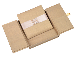 Embellished Gate fold Silk Wedding invitation box 7x7x1 inch in Pale gold