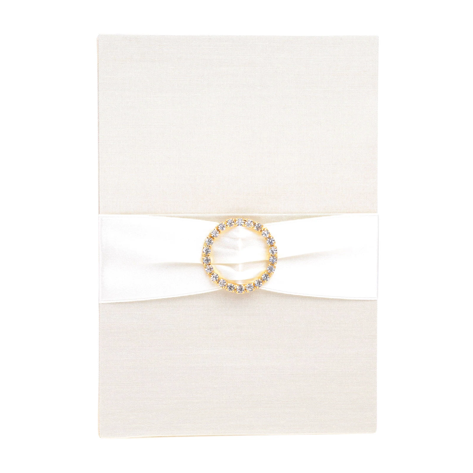 Ivory silk pocket folio with a white satin ribbon and gold-tone round jeweled embellishment