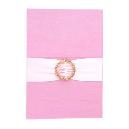 Pink silk pocket wedding invitation folio with ribbon and jeweled closure