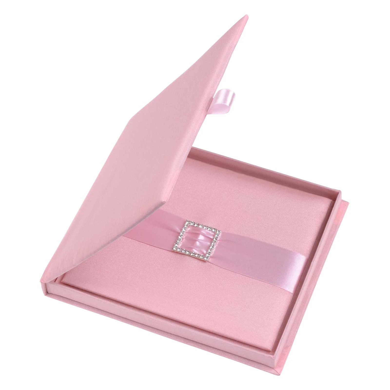 Open blush pink silk invitation box with a satin ribbon and square jeweled embellishment