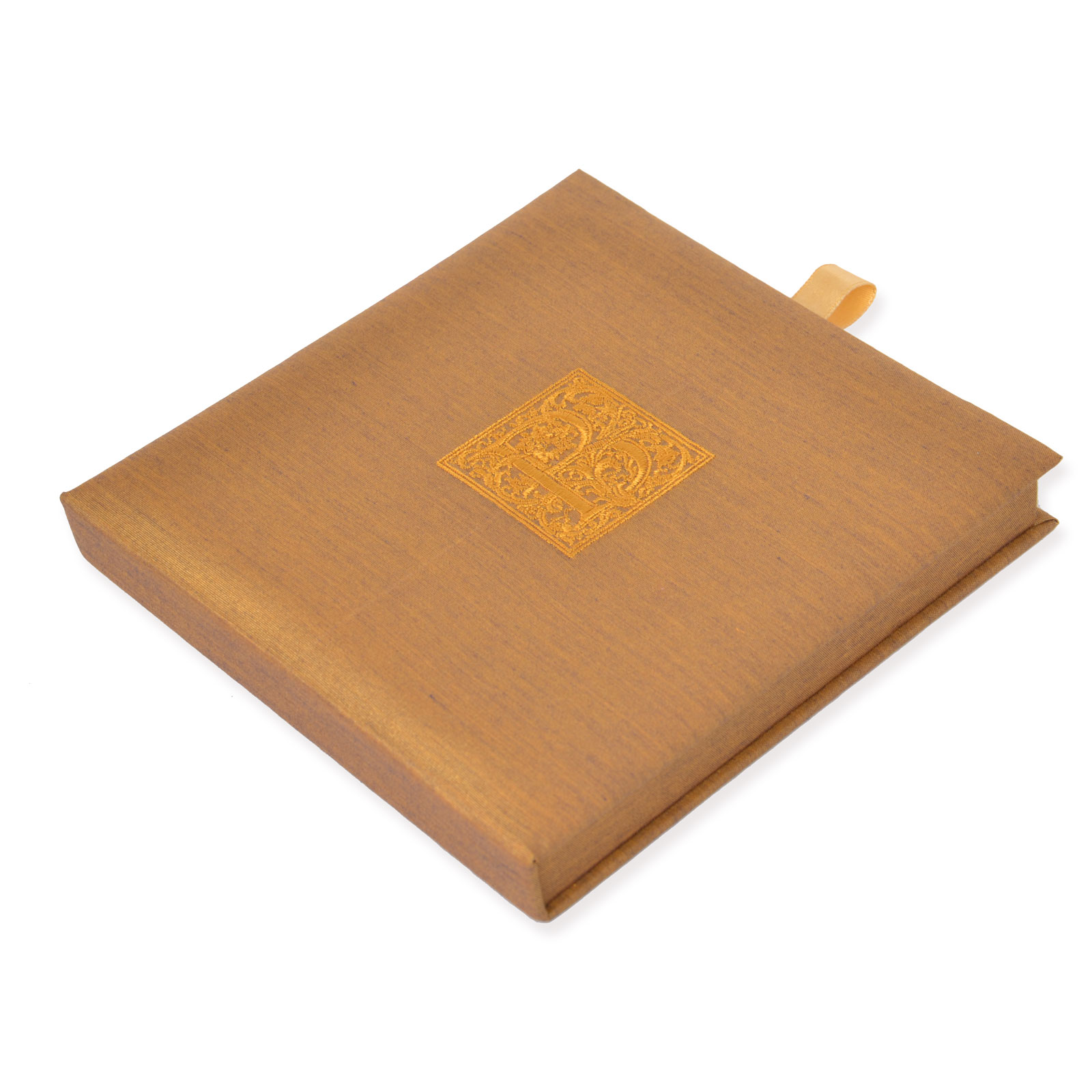 Gold silk invitation box with an embroidered outside monogram