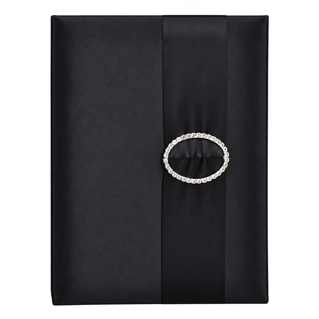 Black silk book folio with tonal ribbon and a silver-toned jeweled accent