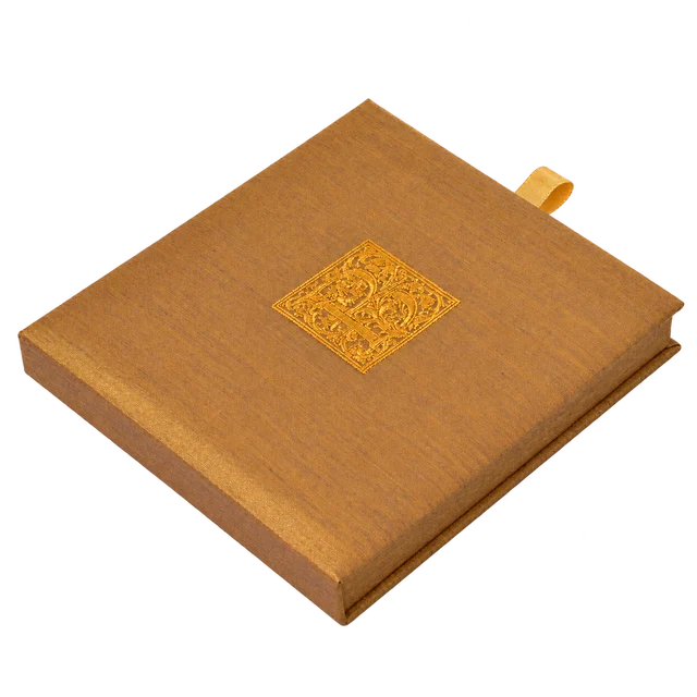 Gold silk invitation box with an embroidered square monogram, SKU 661H-95