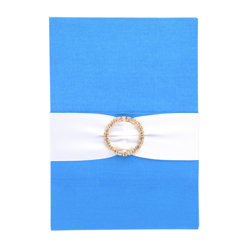 Bright blue silk pocket folio with white ribbon and a circular crystal embellishment