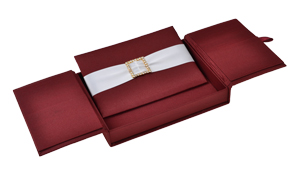 Embellished Gate fold Silk Wedding invitation box 5.5x7.5x1 inch in Burgundy