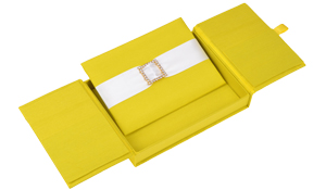 Embellished Gate fold Silk Wedding invitation box 5.5x7.5x1 inch in Yellow