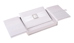 Embellished Gate fold Silk Wedding invitation box 5.5x7.5x1 inch in Off white