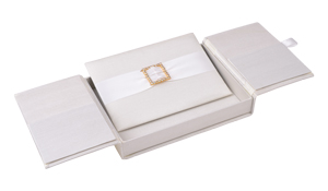 Embellished Gate fold Silk Wedding invitation box 5.5x7.5x1 inch in Ivory