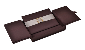 Embellished Gate fold Silk Wedding invitation box 5.5x7.5x1 inch in Chocolate