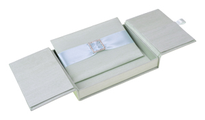 Embellished Gate fold Silk Wedding invitation box 5.5x7.5x1 inch in Light green
