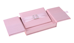 Embellished Gate fold Silk Wedding invitation box 5.5x7.5x1 inch in Pink