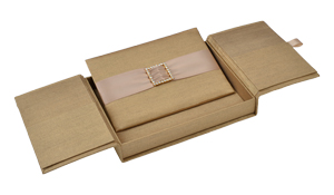 Embellished Gate fold Silk Wedding invitation box 5.5x7.5x1 inch in Pale gold