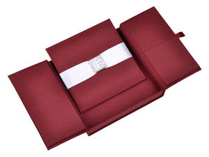 Embellished Gate fold Silk Wedding invitation box 7x7x1 inch in Burgundy