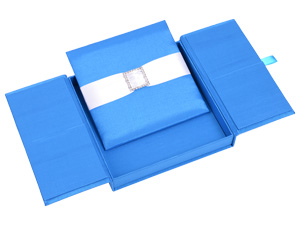 Embellished Gate fold Silk Wedding invitation box 7x7x1 inch in Blue