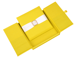 Embellished Gate fold Silk Wedding invitation box 7x7x1 inch in Yellow