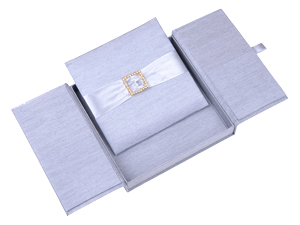 Embellished Gate fold Silk Wedding invitation box 7x7x1 inch in Silver