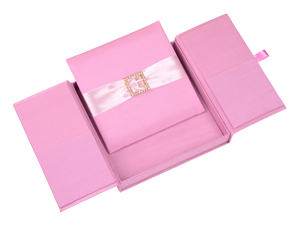 Embellished Gate fold Silk Wedding invitation box 7x7x1 inch in Pink