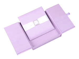 Embellished Gate fold Silk Wedding invitation box 7x7x1 inch in Lilac