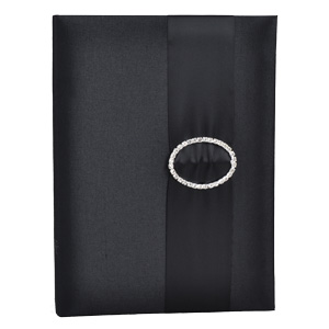 Black silk book folio with tonal ribbon and a silver-toned jeweled accent
