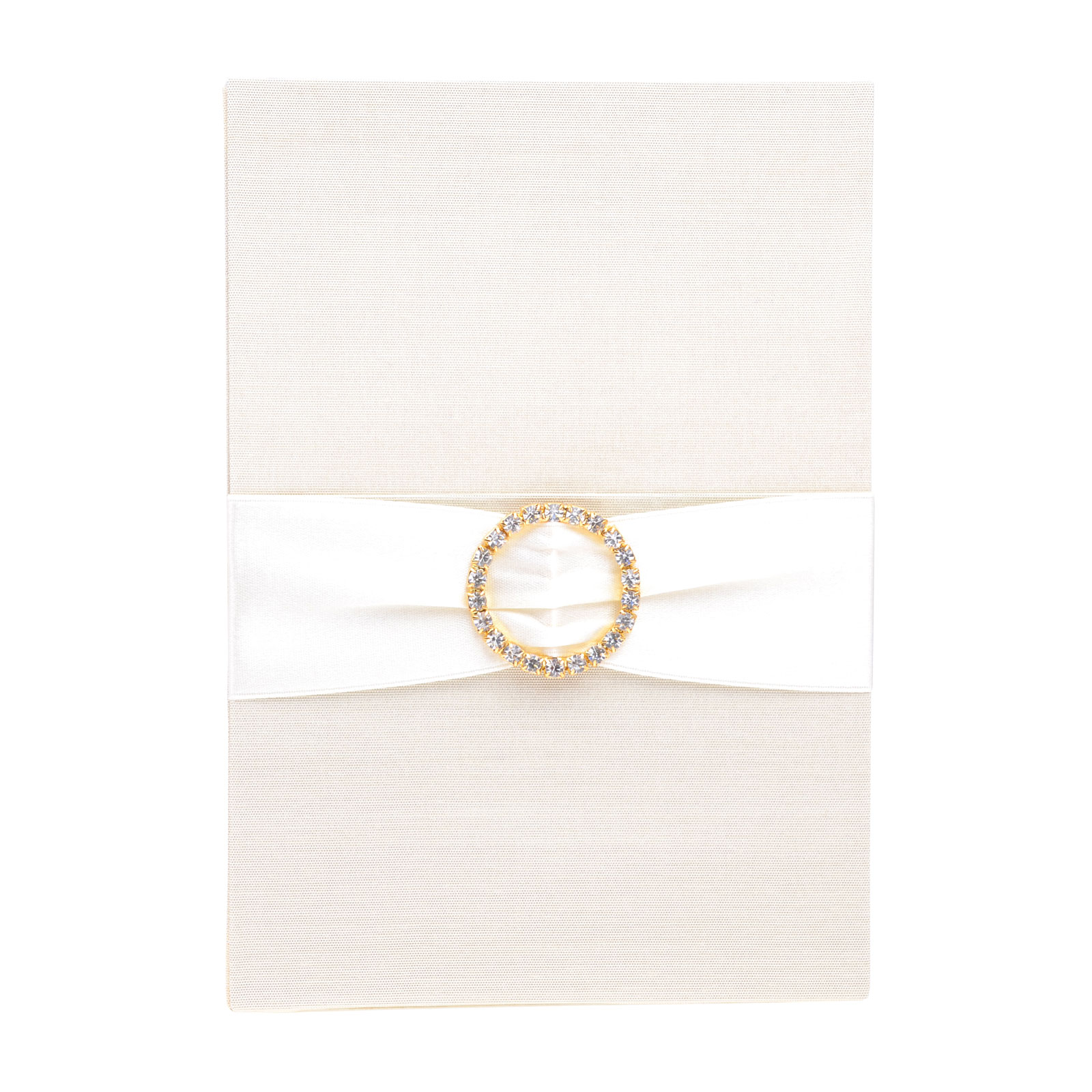 Ivory silk pocket folio with a white satin ribbon and gold-tone round jeweled embellishment