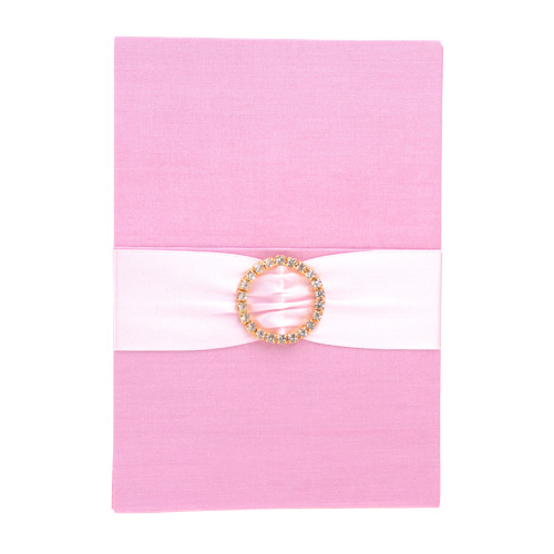 Pink silk pocket wedding invitation folio with ribbon and jeweled closure