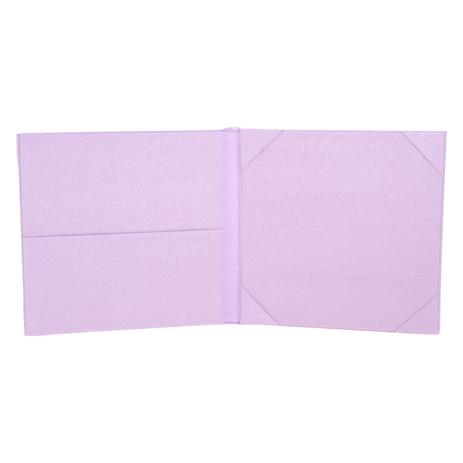 Open lavender silk book folio with an inside pocket and corner holders for an invitation