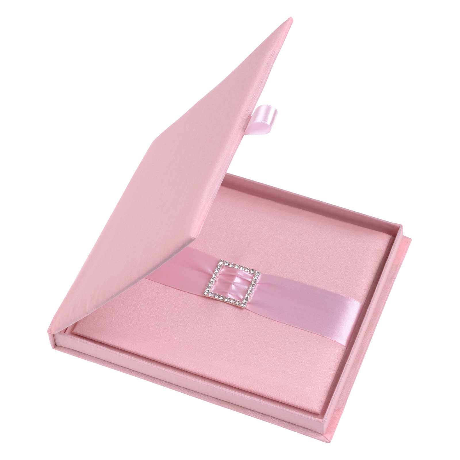 Open blush pink silk invitation box with a satin ribbon and square jeweled embellishment
