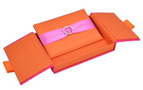 Two-tone silk gatefold wedding invitation box shown open